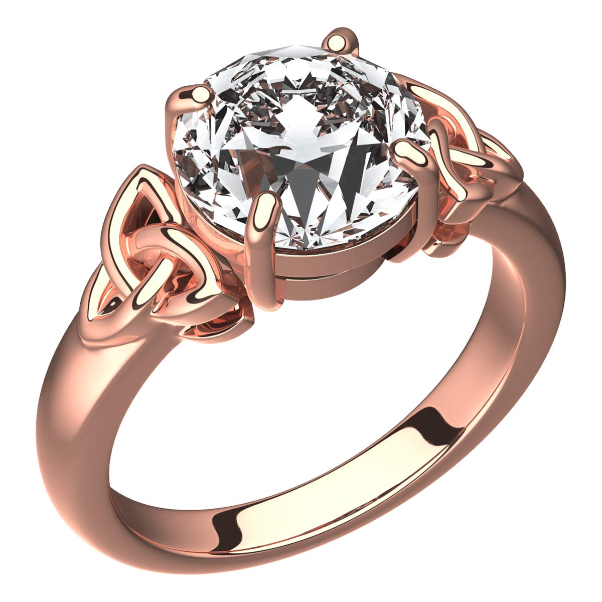 GWG Jewellery 18K Rose Gold Coated Ring with Large Transparent Stone Graced with Celtic Trinity Knots on Sides – 7 in Gift Box for Women