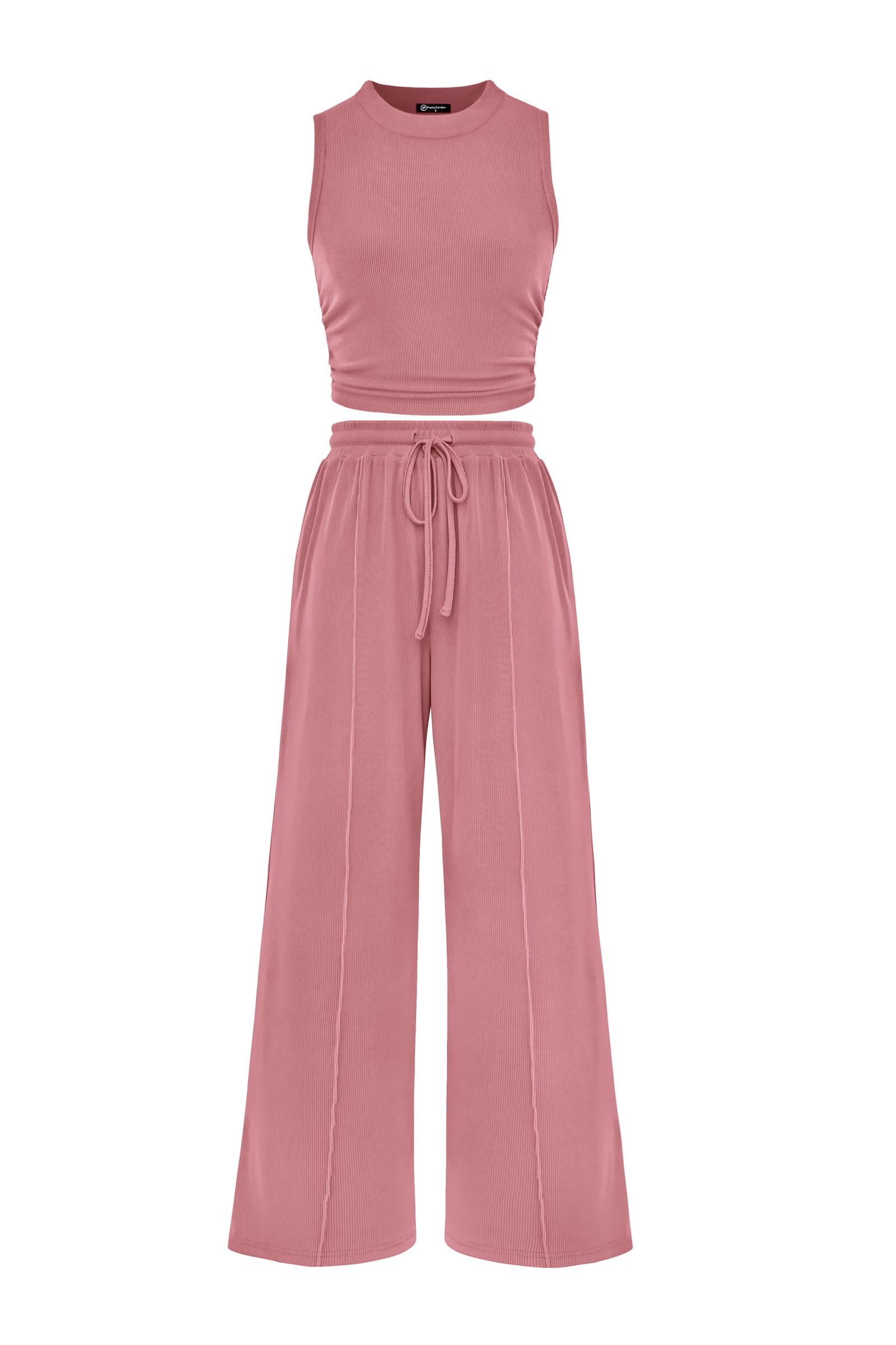 Photo 1 of (MISSING SHIRT) PRETTYGARDEN 2 Piece Sets for Women Summer Casual 2025 Spring Sleeveless Tank Ribbed Travel Vacation Lounge Wear Outfits (Pink,X-Large)
