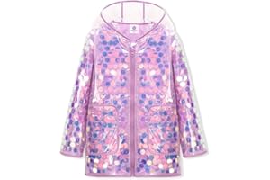 WELAKEN Girls Sequin Raincoat Waterproof Reusable Hooded Outwear Rain Jacket with Lining