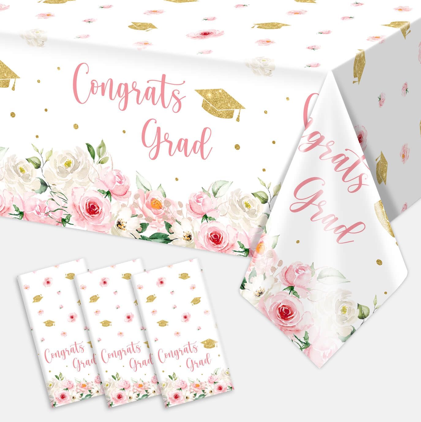 Photo 1 of 3Pcs Class of 2025 Graduation Tablecloth - Floral Congrats Grad 2025 Party Decoration Disposable Plastic Rectangular Table Cover for Women Graduation Prom Party Supplies