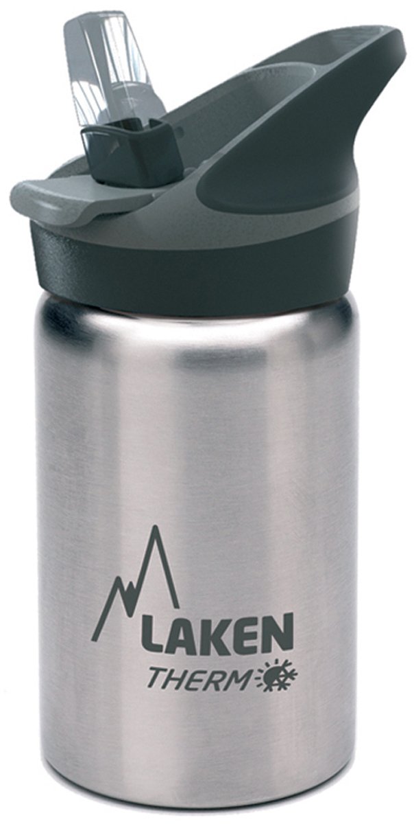 Laken Thermo Kids Vacuum Insulated Stainless Steel Leak Sports Water Bottle with Jannu Straw Cap, 12 Oz, Plain/ Silver