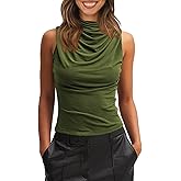 Tankaneo Womens Sleeveless Tank Tops Slim Fitted Mock Neck Draped Stretchy Summer Casual Ruched Tops