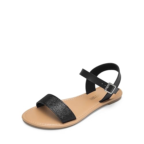 DREAM PAIRS Women's Cute Open Toes One Band Ankle Strap Flexible Summer Flat Sandals HOBOO-NEW,Size 9,Black/glitter,HOBOO-NEW