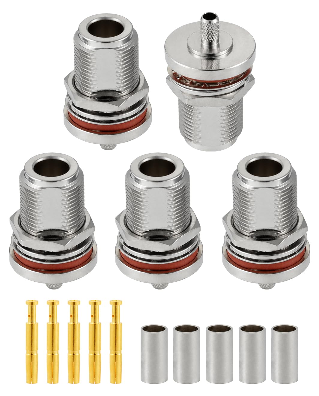 Vecys 5 PCS N Bulkhead Female Crimp RF Connectors 50 ohm N Female Jack RF Coaxial Connector Adapter for RG58 RG400 RF Coax Cable