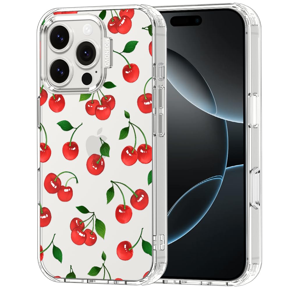 MOSNOVO Case for iPhone 16 Pro, [Buffertech 6.6ft Military-Grade Drop Protection] [Anti Peel Off Tech] Clear TPU Bumper Phone Case Cover Design - Cute Cherry