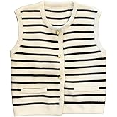GORGLITTER Women's Button Up Striped Cropped Sweater Vest Dressy Sleeveless Cozy Knit Cardigan Top Quiet Luxury Clothes