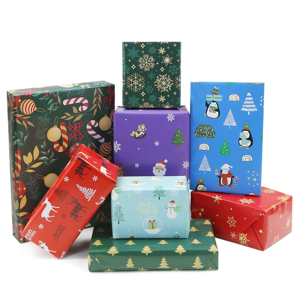 Christmas Wrapping Paper,8 Sheets Xmas Folded Wrapping Paper 20x28 inch Moose,Snowflakes,Santa Claus,Penguins Gift Wrap for Female,Women,Men,Girl,Boy,Adult,Any Occasion