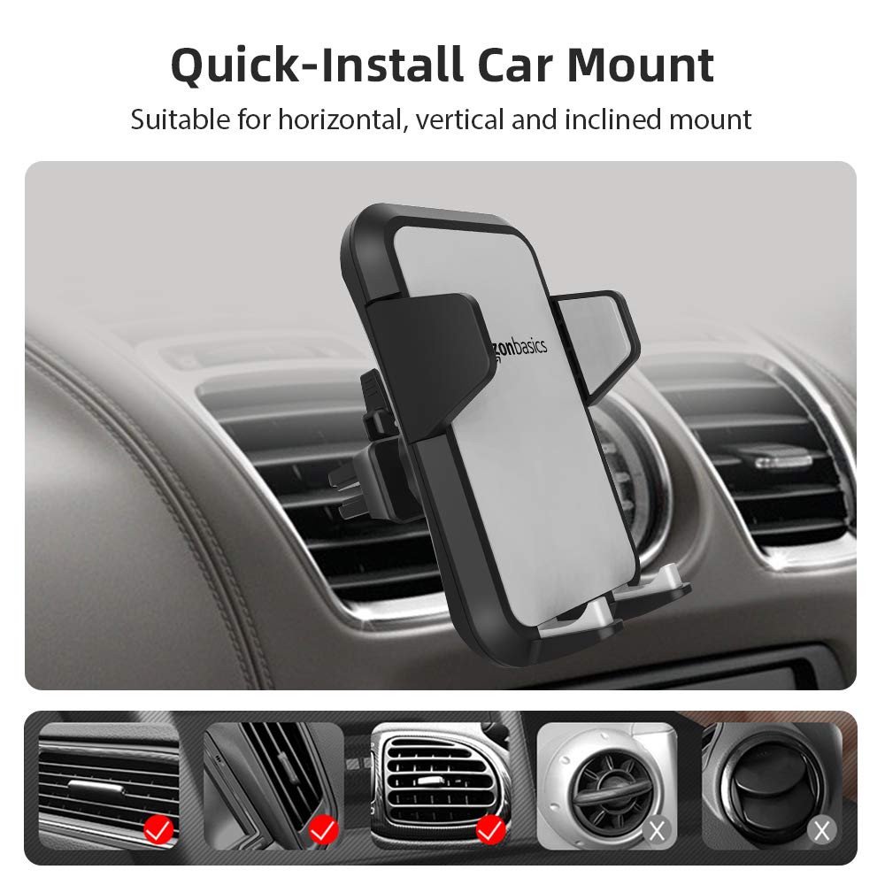 Amazon Basics Universal Portable Smartphone Holder for Car, Easy to Install Air Vent Mount, Adjustable and Secure, Grey