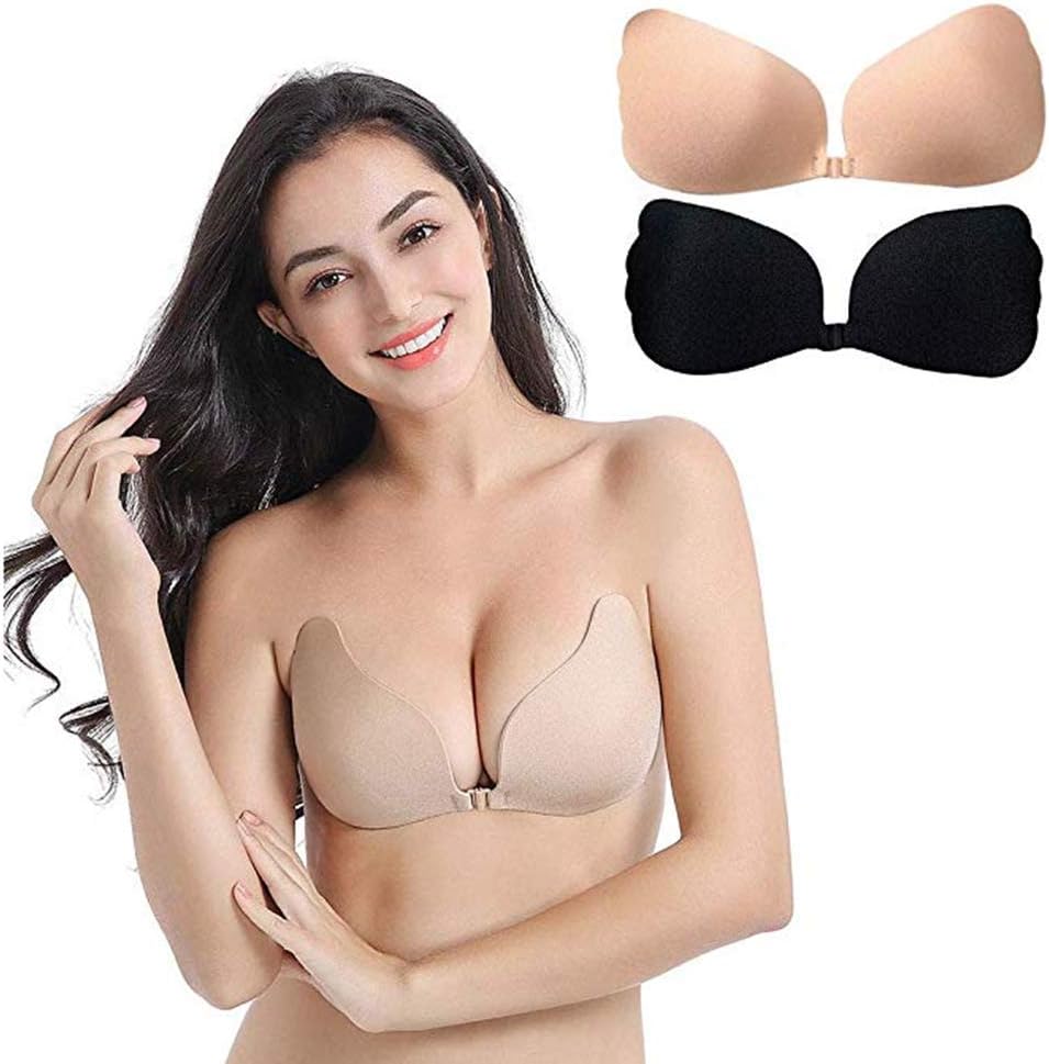 Acexy Invisible Adhesive Bra 2 Pack Sticky Bra Reusable Push Up Invisible Women Silicone Beige Black, A/B/C/D/E