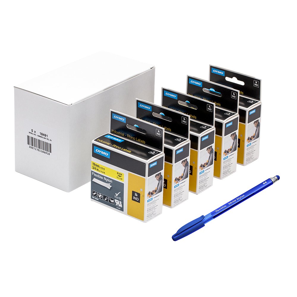 5 x Dymo 18491 Rhino Industrial Nylon Labels, Self-Adhesive, 19 mm x 3.5 m - Black on Yellow + PaperMate Pen Gift