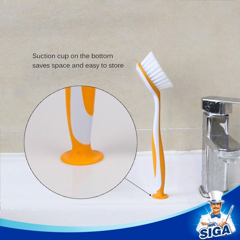 MR.SIGA Round Dish Brush, Size: Dia 5.5 x 25cm - Pack of 3, Orange, Yellow, Blue, 6.5 X 5.5 X 25 cm - Image 5