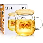 Lezero 15oz Tea Infuser Cups with Strainer and Lid, Glass Filter Mugs Brewing Kit for Loose Leaf-Tea & Blooming, Heat Resistance, Lead-free, Microwave & Dishwasher Safe