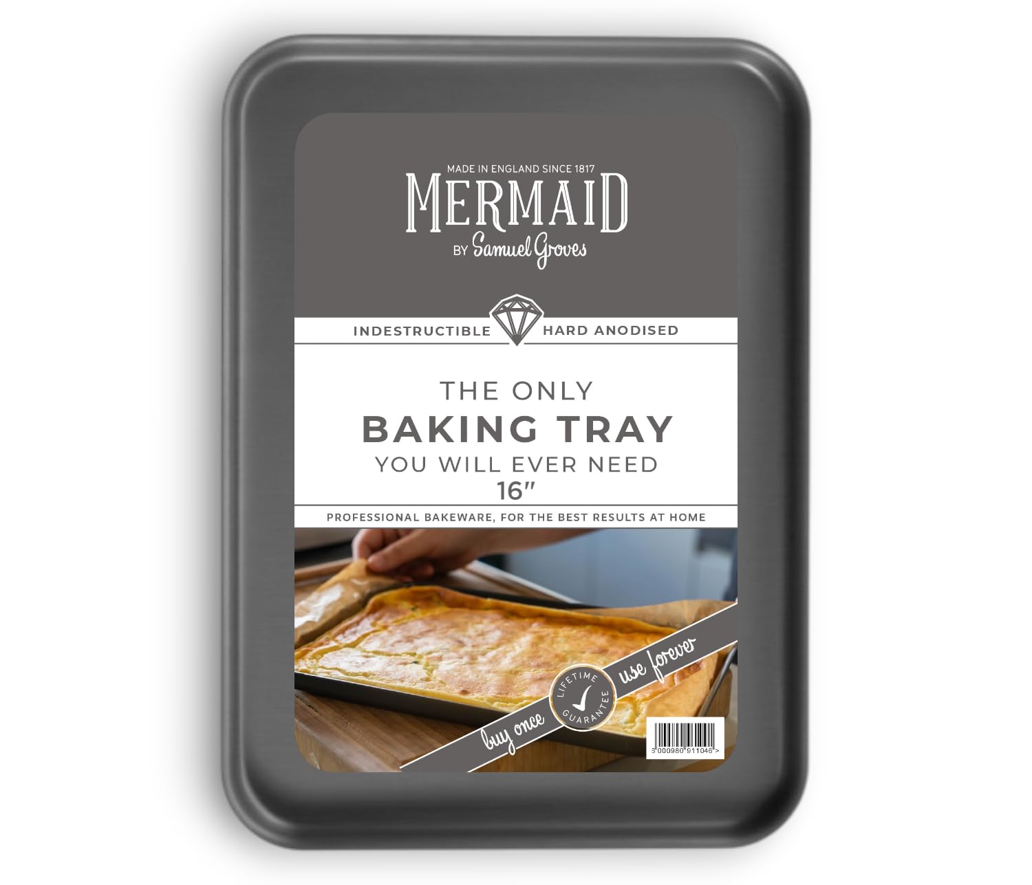Mermaid 16" Hard Anodised Baking Tray UK-Made by Samuel Groves – Heavy-Duty Aluminium Baking Sheet Pan/Cookie Sheet & Roasting Tray, Naturally Non-Stick, Oven-Safe 260°C