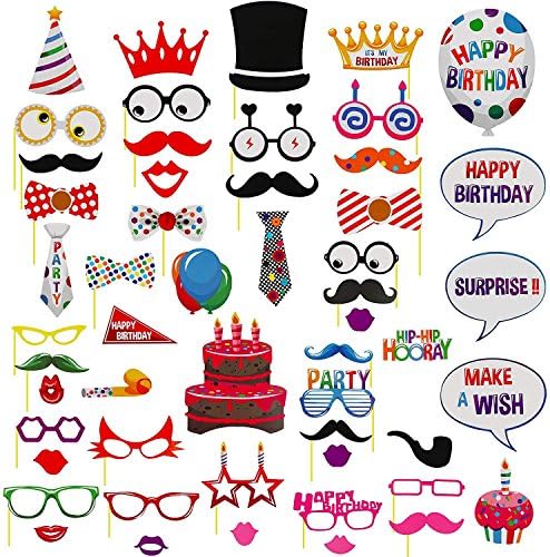 AMAZECO 53Pcs Birthday Photo Booth Props Kit, Photo Booth Props for Wedding Birthday Christmas Holiday Party Decoration