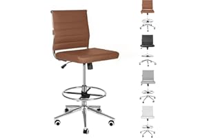 LUCKWIND Drafting Chair Tall Office Chair Ribbed - Mid-Back PU Leather Standing Desk Stool with Adjustable Foot Ring Wide Seat Tilt-Tension Rocker Lumbar Support Swivel Rolling 400lbs, Brown