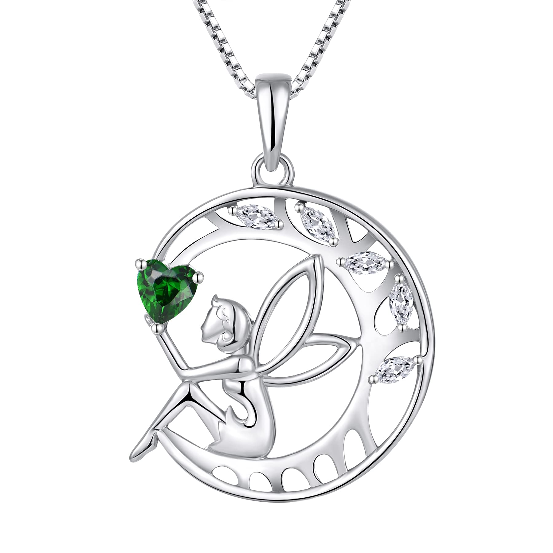 FJ Guardian Angel Necklace 925 Sterling Silver Tree of Life Pendant Emerald Necklace May Birthstone Jewellery for Women โ image 1