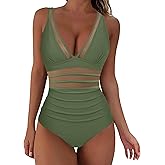 BUERCWS One Piece Swimsuit Women Full Coverage Tummy Control Bathing Suits Casual Mesh Patchwork Swimwear