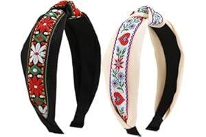 EENSYWEENSY 2 Pack Embroidered Floral Knotted Headbands, Vintage Boho Jacquard Fabric Ribbon Hair Accessory