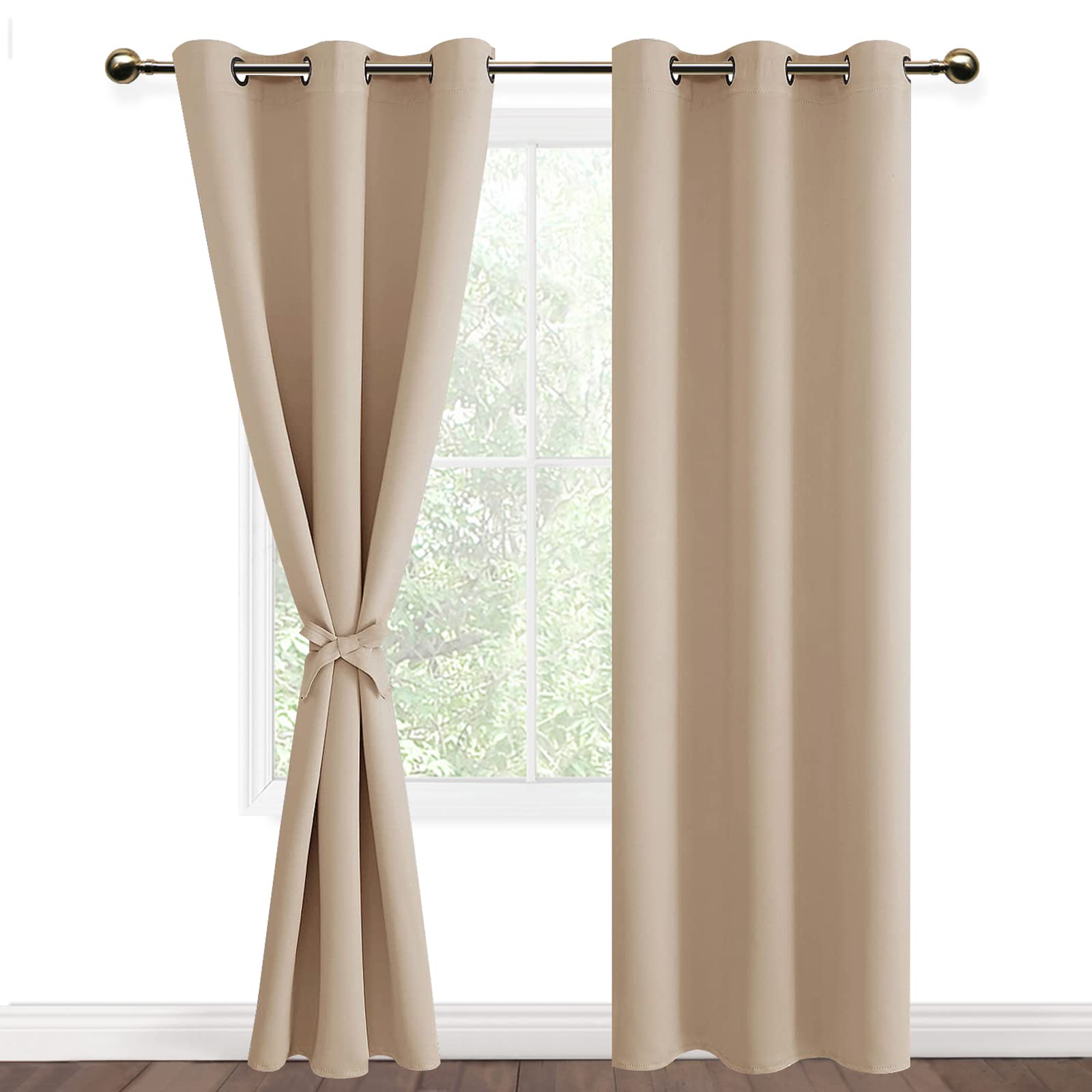 DWCN Beige Blackout Curtains with Tiebacks for Bedroom Thermal Insulated Solid Eyelet Curtains for Living Room,2 Panels,46" Wide x 90" Drop