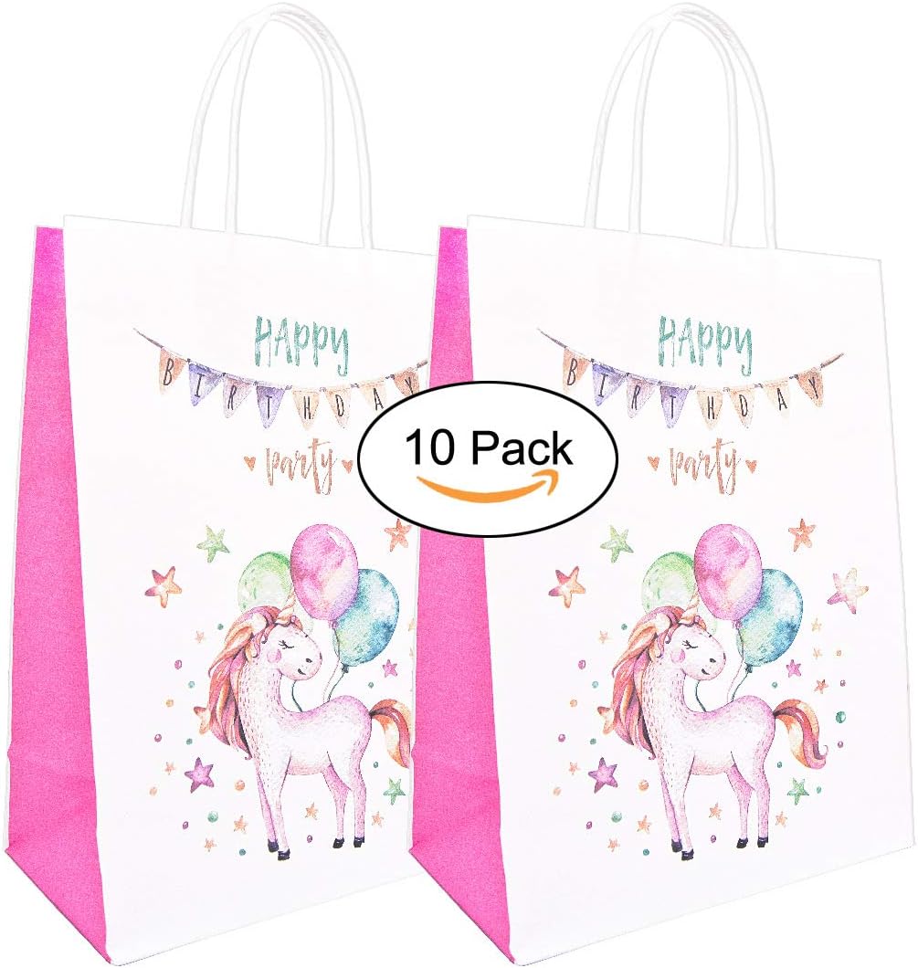 Tense 10 Packs Unicorn Paper Bags for Girl's Birthday Party Supplies, Unicorn Party Favors Gift for Kids (Unicorn with Balloon)