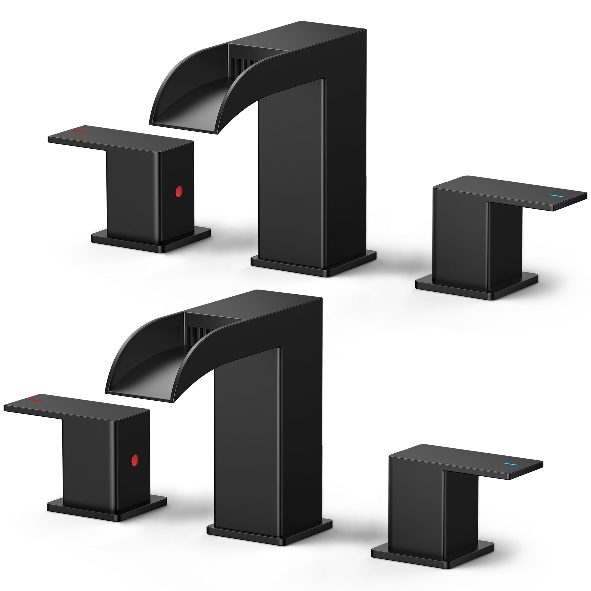 FORIOUS 2 Pack, Waterfall Bathroom Faucets 3 Hole, 8 Inch Widespread Square Matte Black Bathroom Sink Faucet with Metal Pop-up Drain and cUPC Supply Lines, Two Handles for Vanity, Restroom, Commercial Image