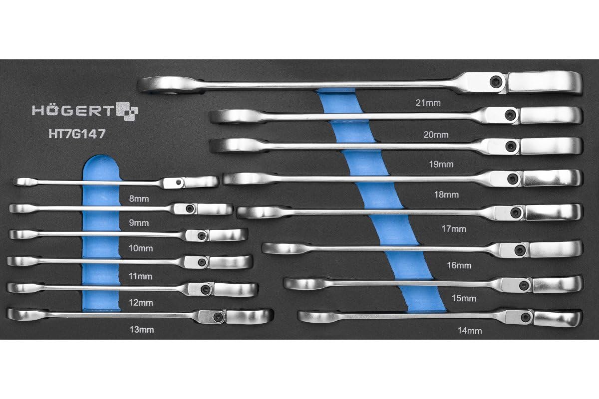 Högert Technik - Set of 14 Chrome Vanadium Steel Jointed Combination Spanner Tool Box Insert