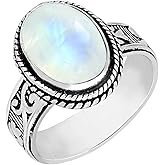 Natural Moonstone/Labradorite/Turquoise/Lapis/Amethyst Oval Shaped Gemstone Solitaire Statement Rings for Women - 925 Silver Overlay Vintage Style Birthstone Ring Jewelry Gifts for Mom Wife Her