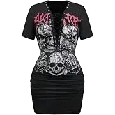 SOLY HUX Women's Y2k Gothic Graphic Lace Up Punk Party Bodycon Mini Dress | Deep V Neck， Short Sleeve, T Shirt Dresses， Rave Outfits