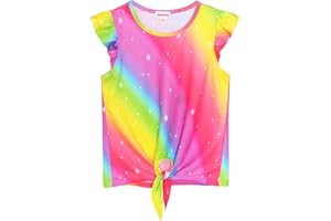 JESKIDS Girls Short Sleeve Shirts Ruffle Tie Front Unicorn/Tie Dye Print Summer Tee Tank Tops 3-11 Years