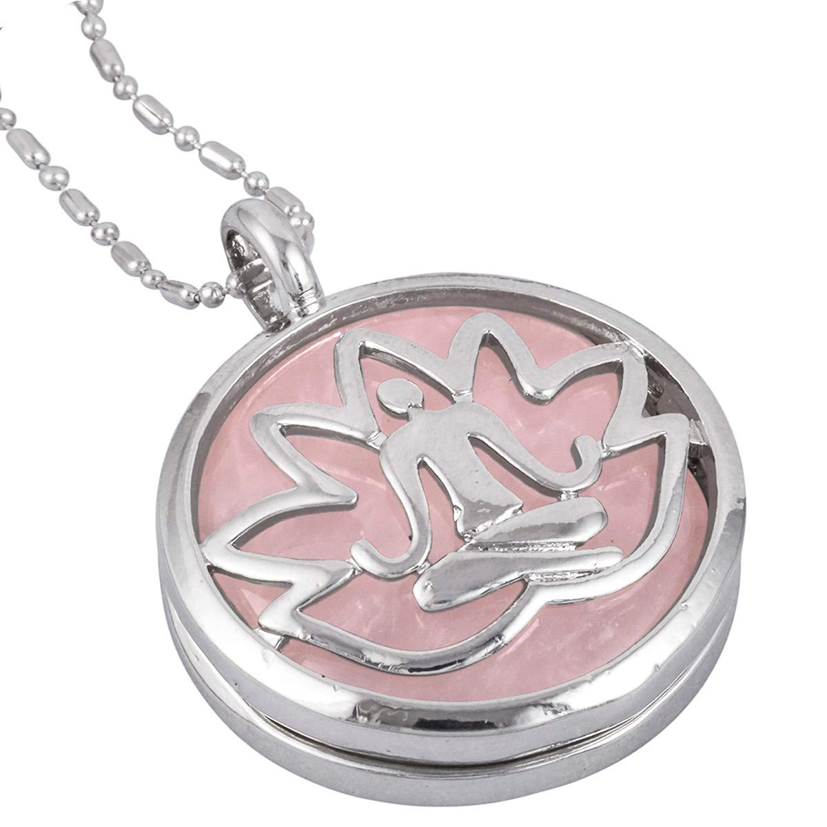 Nupuyai Rose Quartz Crystal Stone Hollow Yoga Chakra Pendant Necklace for Women Men, Protection Round Stone Pendant with Chain