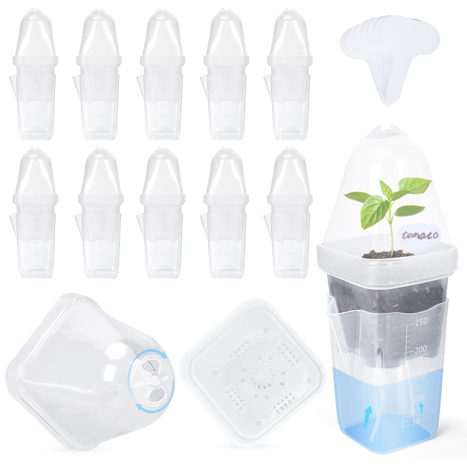 Photo 1 of LEMEWEL 12 Pack 2.5" Self Watering Propagation Pots with Humidity Dome, Clear Plastic Seed Starter Cups, for Seedlings, Cuttings, Succulents, Herbs, Vegetables, 12 Plant Labels Included
