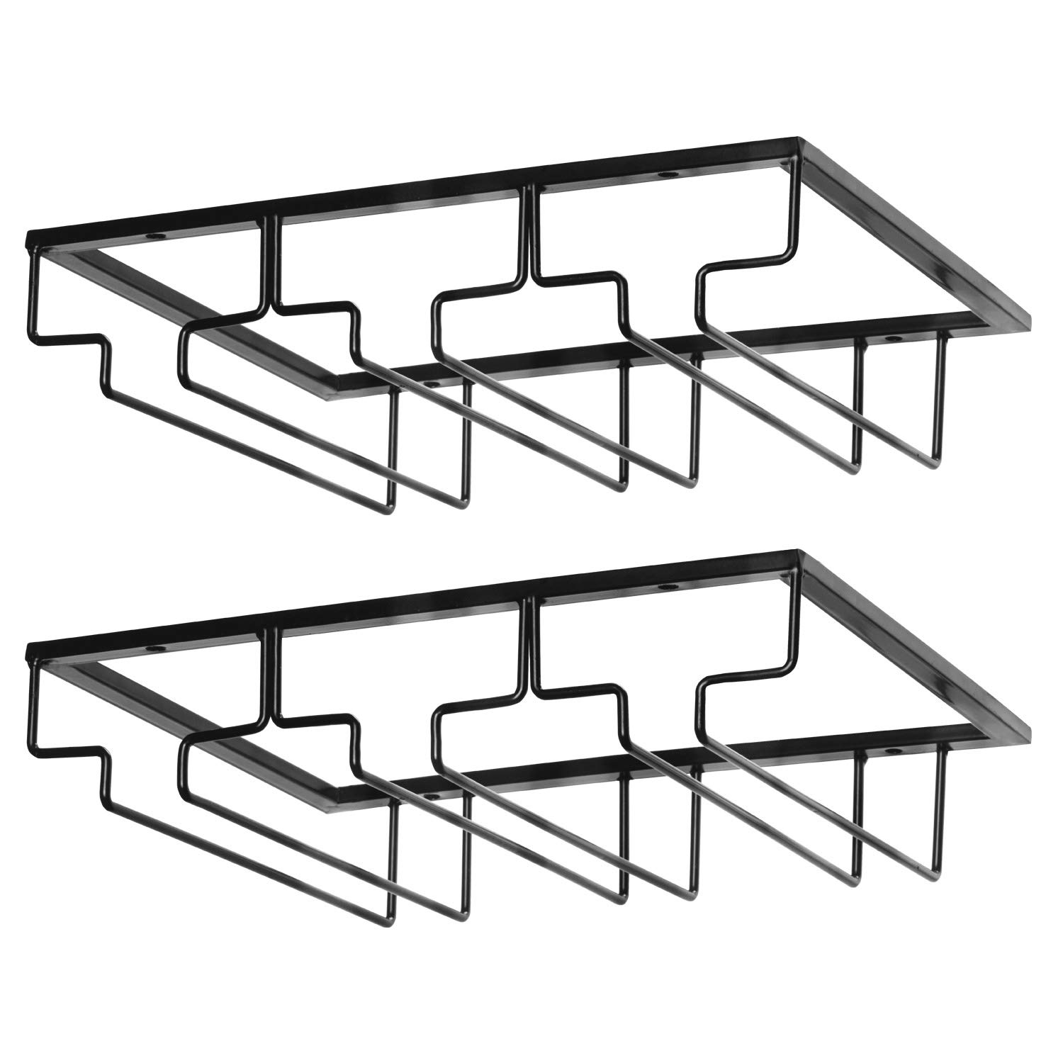 FOMANSH Wine Glass Rack - Under Cabinet Stemware Wine Glass Holder Glasses Storage Hanger 2 Pack Metal Organizer for Bar Kitchen Black