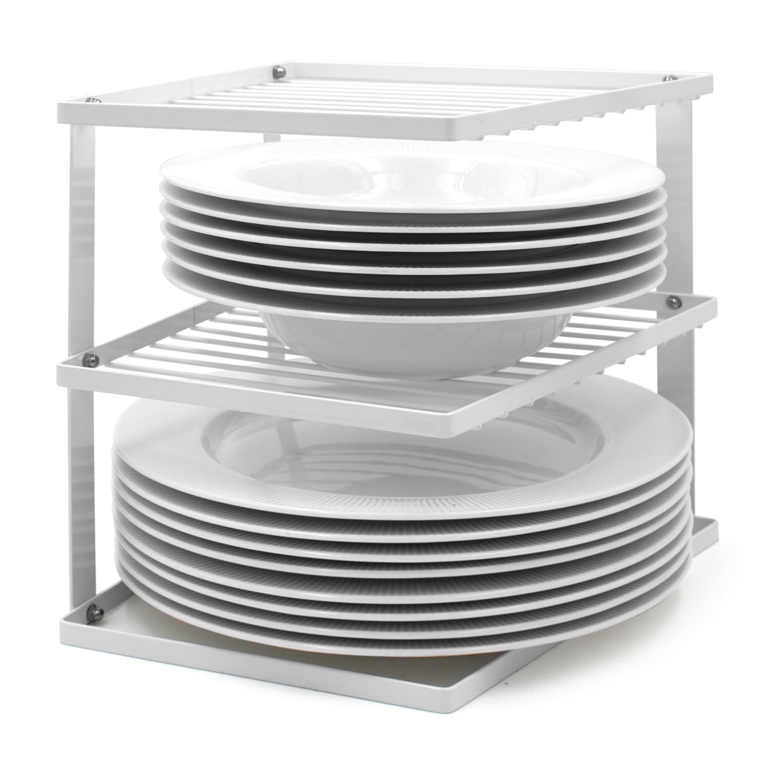 joeji's Kitchen 3 Tier No-Wobble Plate Rack for Kitchen Cupboard Storage - Corner Plate Rack Cupboard Shelf Organiser 25x25x19cm - White