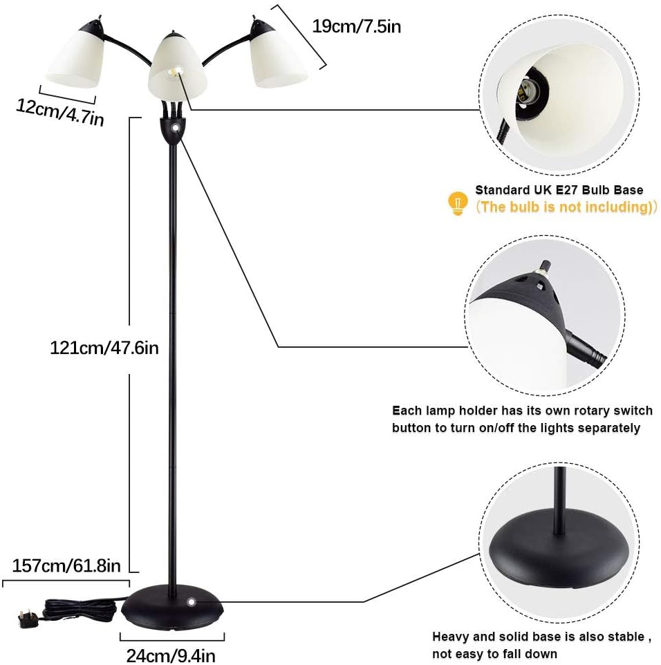 Depuley 3-Light Floor Lamp, Modern LED Standing Floor Lights with E27 Bulbs Base - Image 3