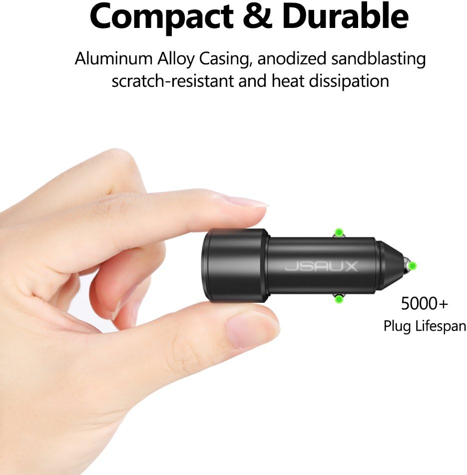 Car Charger, JSAUX Quick Charge 3.0 3A Dual USB Ports 36W Fast Car Adapter Metal Compatible with Samsung Galaxy S10 S9 S8 S20 Plus Note 10 9 8 S7, iPhone Xs Max XR X 8 7 6, iPad, LG G6 V20, Moto Black