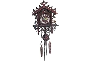 Generic Cuckoo Clock Wall Traditional Vintage Coo Clock Carved Koo Clock with Pendant Roman Numeral Decorative Density Board Wall Clock for Home Living Room, Dark Black