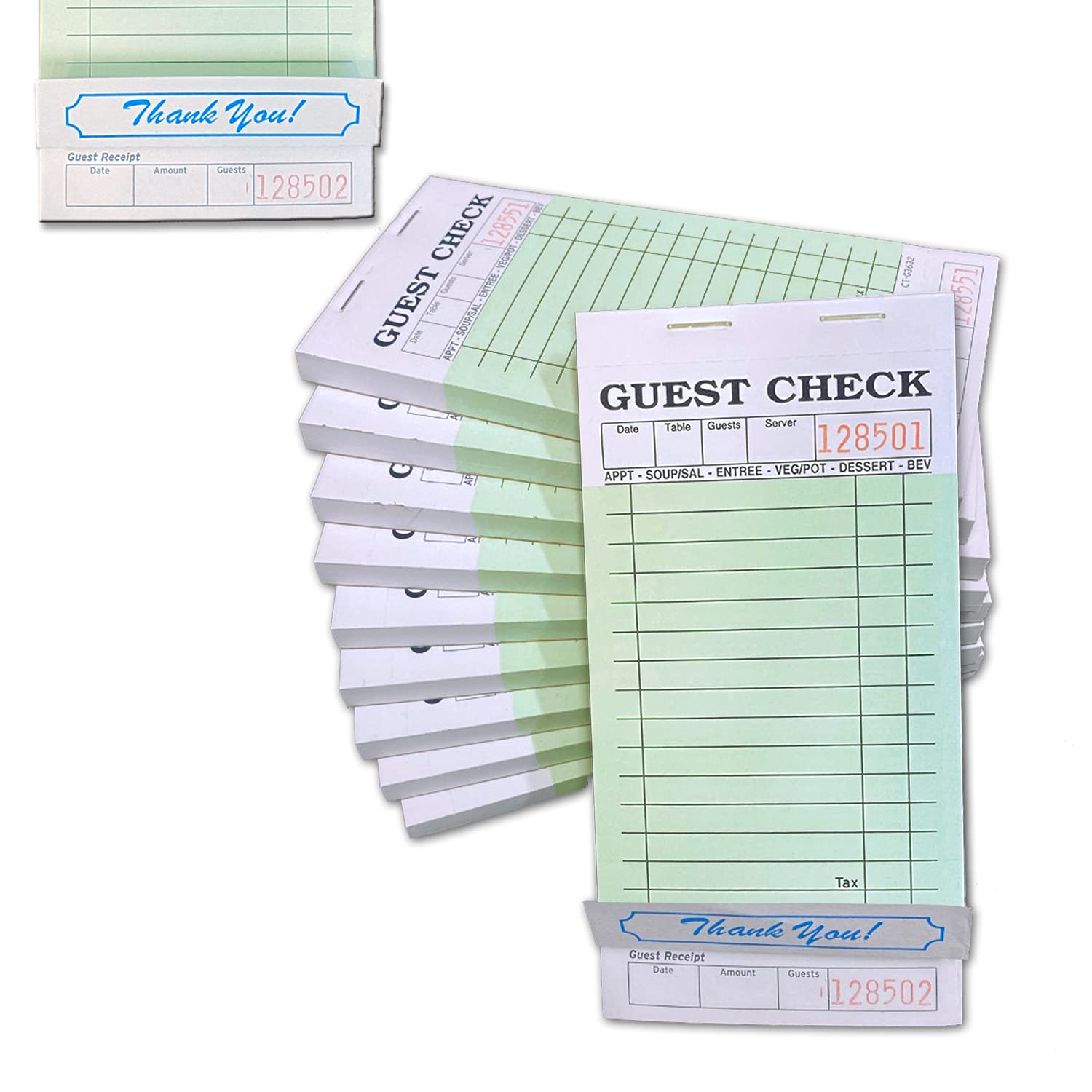 Photo 1 of 1-Part Guest Check Book, Green & White Carbonless Guest Check Pad (1 Part carbonless)