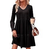Dokotoo Fall Dresses for Women 2025 V Neck Button Up Long Sleeve Empire Waist Ruffle Tiered Mini Dress with Pockets