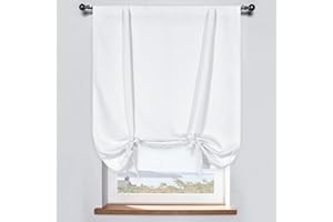 DONREN Adjustable Thermal Insulated Solid Blackout Curtain Energy Efficient Tie Up Shades Rod Pocket Panel for Kitchen (Pure White, 34W x 54L, One Panel)