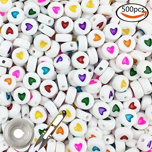 WXBOOM 4x7mm White Oblate Beads with Colorful Heart Beads Acrylic Beads with 1 Pair of Scissors and 1 Roll of Elastic Thread (500pcs)