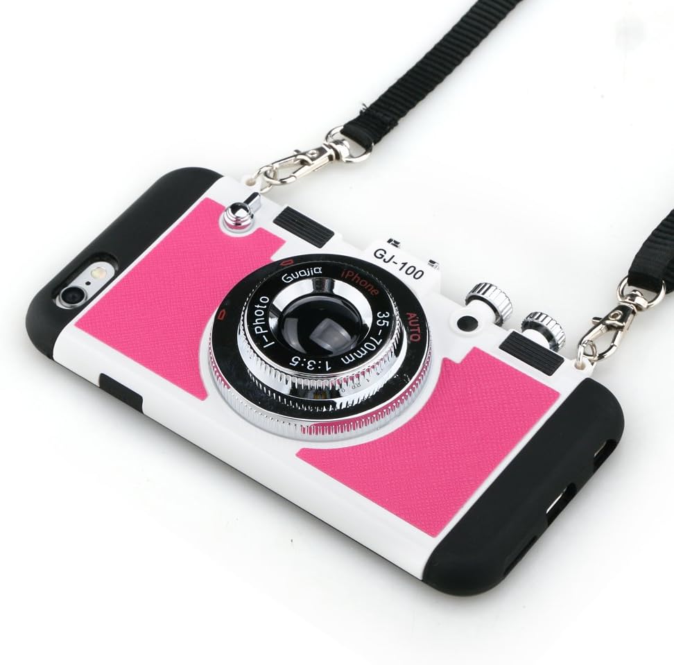 iPhone X Case, Guojia 3D Cute Camera Design Case, Cool Silicone Phone Protector, Cover with Long Strap Rope for Girls Women and Camera Enthusiast (Moderate Hardness) (Rose Red)