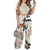 2 Piece Outfits for Women Short Sleeve Crop Top High Waist Wide Leg Long Pant Sets Tracksuit Sport Set