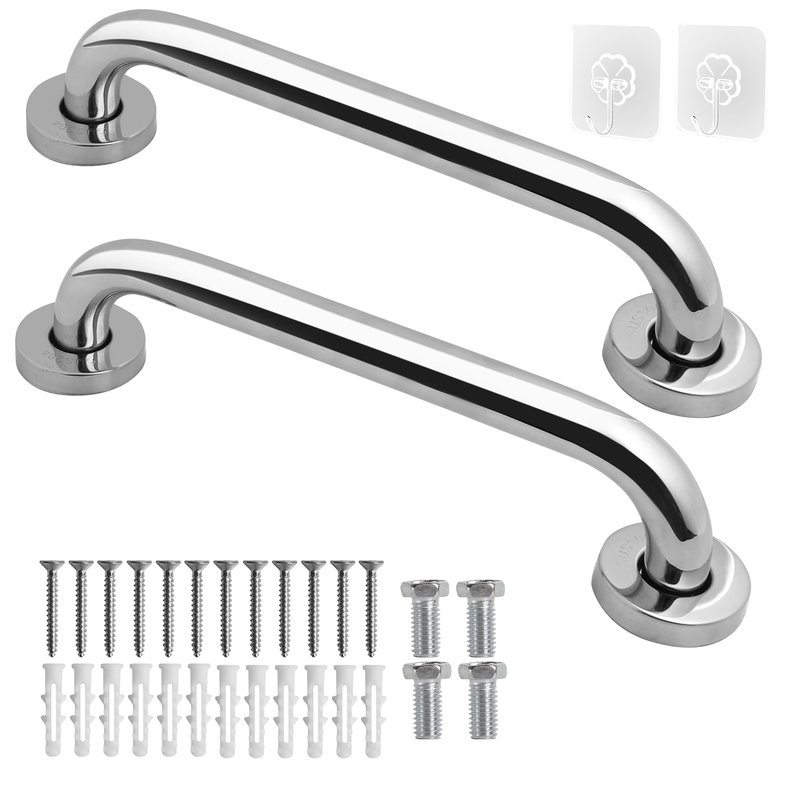 10 inch Shower Grab Rail, Happybase 2 Pack Stainless Steel Bathroom Grab Bar, Shower Handle, Bath Handle Elderly for Bathtub,Toilet,Kitchen,Stairway Handrail,Come with Mounted Screws and Hooks