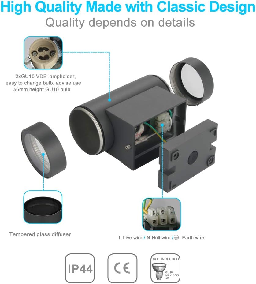 LASIDE Outdoor Wall Lights, Anthracite Grey GU10 Up Down Outside Wall Lights Electric - Image 5