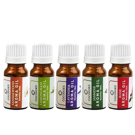 Cocodoes Aroma Oil Rose Lemon Grass Jasmine Lavender Sandalwood Glass Diffuser, 10ml (Multicolour, CD-AROMAOIL-5PC)