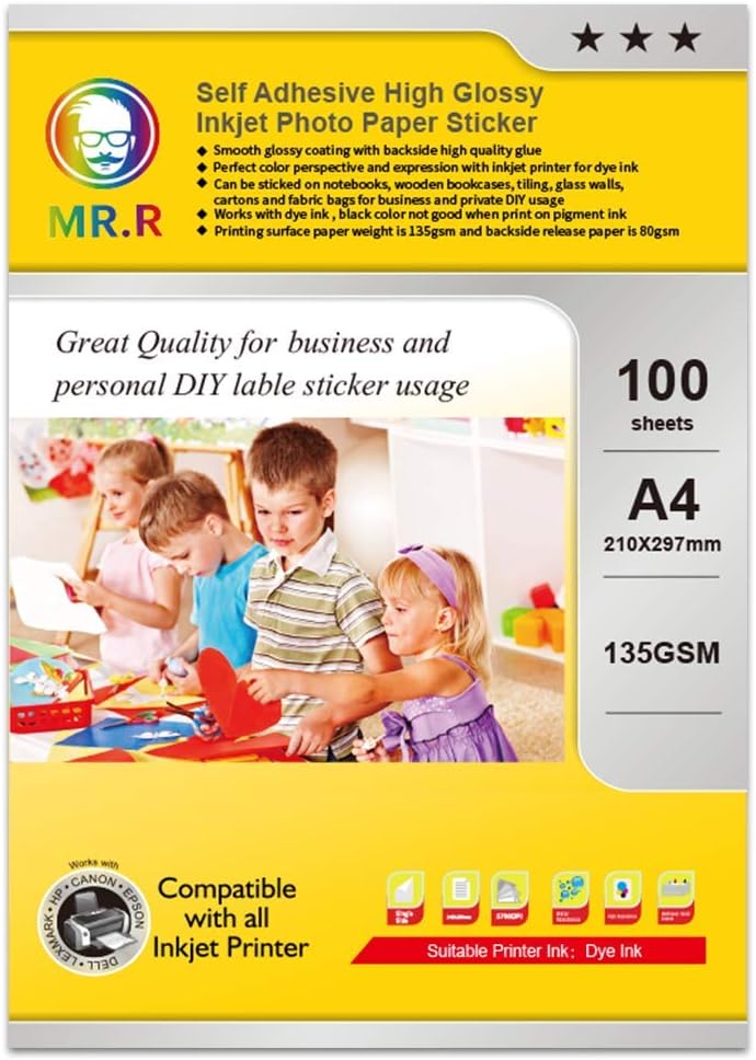 MR.R Inkjet Photo Paper Self-Adhesive Label Sticker Glossy Paper 135gsm A4 100 Sheets per Pack, Black, A4X100 sheets