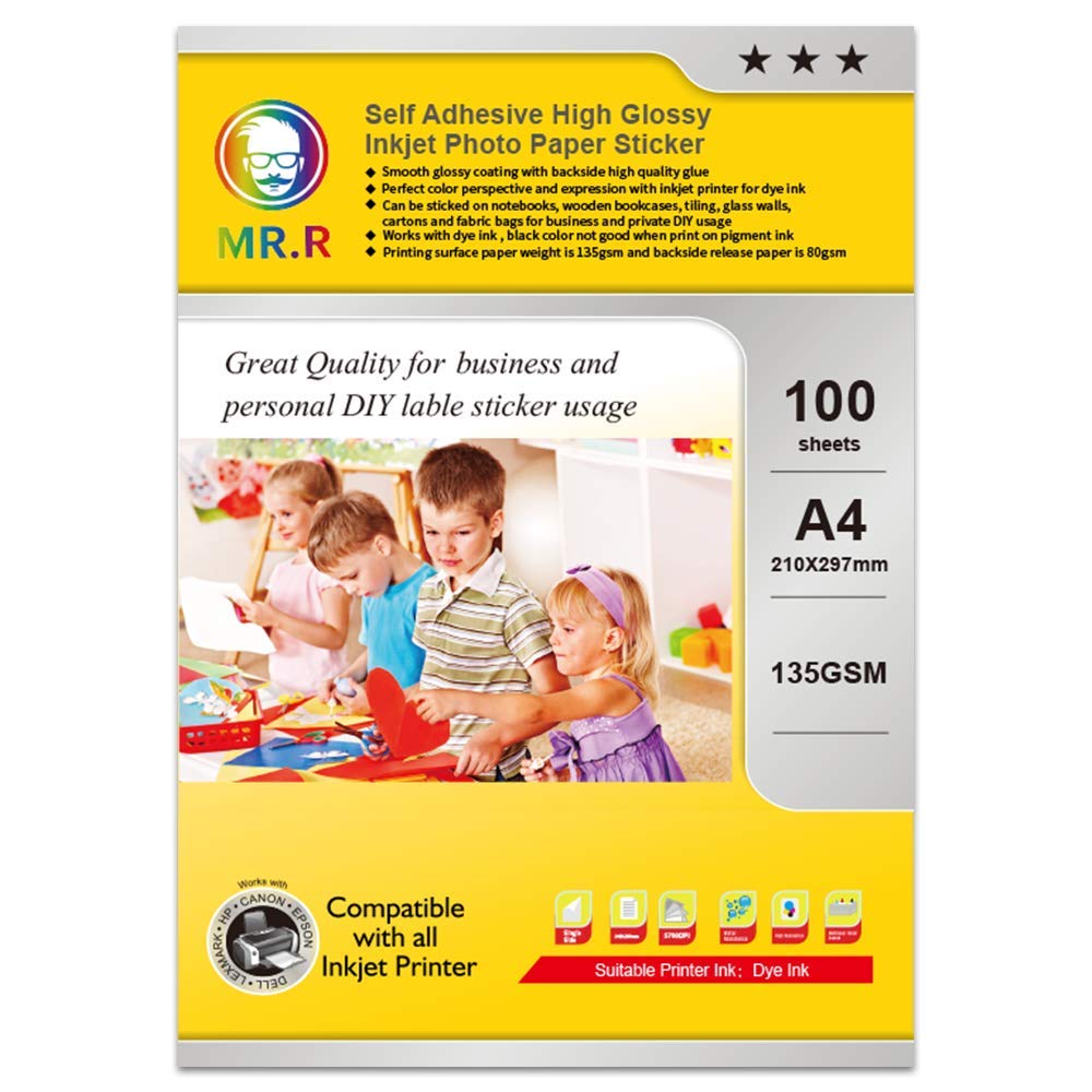 MR.R Inkjet Photo Paper Self-Adhesive Label Sticker Glossy Paper 135gsm A4 100 Sheets per Pack