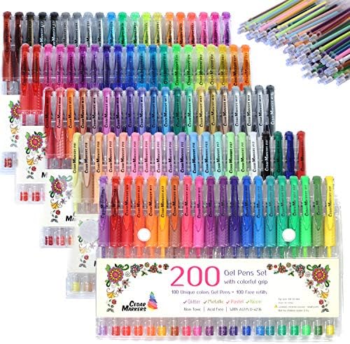 Cedar Markers Gel Pens. 200 Set 100 Pens Plus 100 Refills. Color Pens with Grip. Neon, Glitter, Metallic, Pastel Colors No Duplicates. Drawing Pens for Bullet Journal.