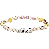 Agriajun Valentines Day Beaded Stretch Bracelets for Women Gold Heart Letter Crystal Purple Beads Bracelet