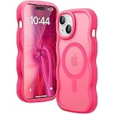 Amzfield Magnetic for iPhone 14 Case, for iPhone 13 Case, Compatible with Magsafe Wavy Frame Cute Translucent Matte Hard Back Silicone Bumper Shockproof Protective Phone Case Women Girls, Hot Pink